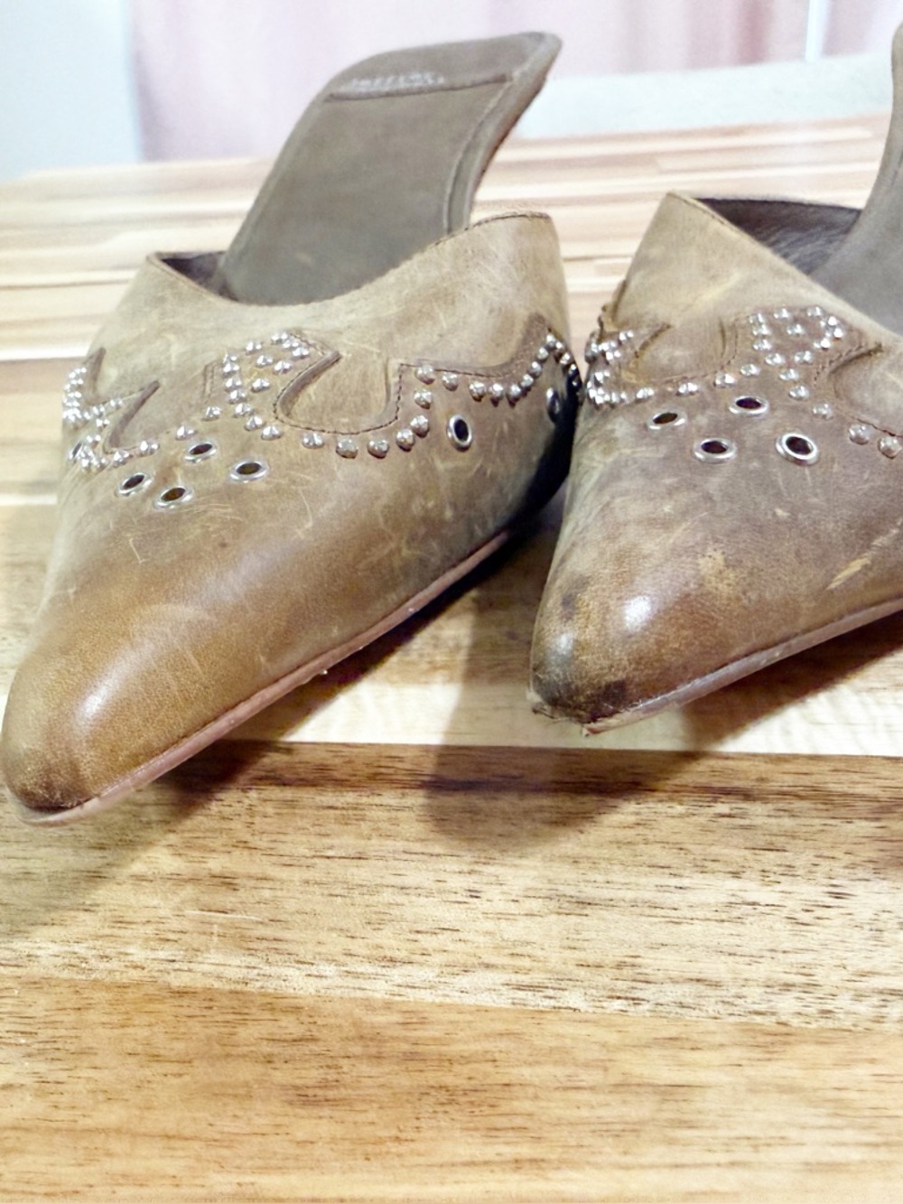 Jeffery Campbell Head-West Studded Western Pointed-Toe Heeled Mules Camel Tan - Picture 13 of 14
